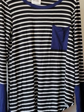Ella MaraBlack & White Striped Long Sleeve Tee with Navy Pocket and Trim
